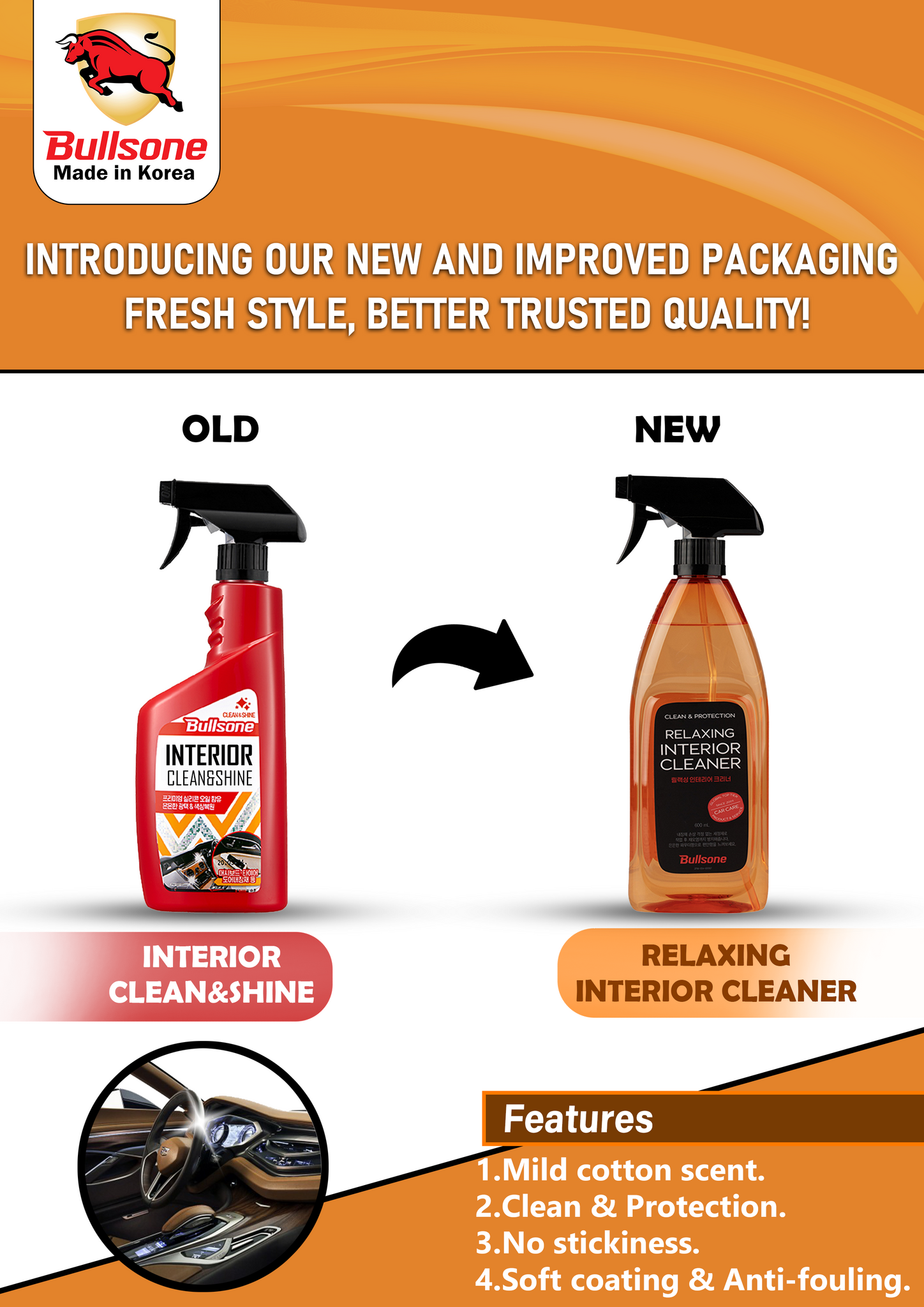 Bullsone Interior Cleaner Shine – Multi-Surface Interior Polish for Dashboard, Vinyl & Plastic
